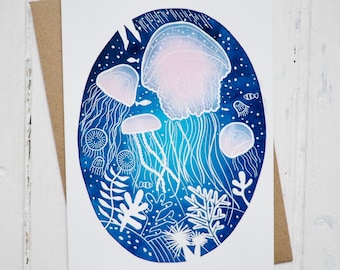 Biglietto di auguri con stampa in linoleum a forma di medusa: biglietto di auguri con tema oceano