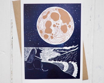 Dog Card, Lino Print Card, Full Moon Card, Moon Gazing Card, Dog Lover Card, Sea Lover Card,  Nature Lover Card