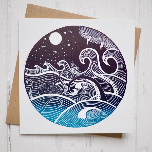 Ocean Print Card, Nautical Print Card, Octopus Print Card, Lino Print Card, Sea Print Card, Nautical Card, Seascape Card, Ocean Lover