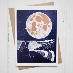 Linoldruck Karte, Hund Karte, Vollmond Karte, Mond Karte, Meer Karte, Meer Karte, Natur Karte
