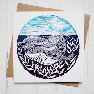 Whale Card, Whale Print, Lino Print Card, Nautical Print Card, Humpback Whale Card, Nature Lover Card, Lino Cut, Lino Print
