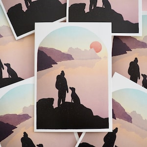 Cornwall Strand Karte, Pedn Vounder Sunrise Karte, Linoldruck Karte, Hundeliebhaber Karte, Hundeführer, Naturliebhaber Karte