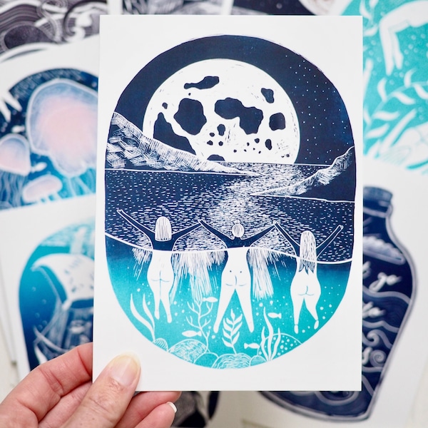 Wild Swimming Card, Swimming Card, Full Moon Card, Lino Print Card, Skinny Dip Card, Sea Lover Card, Nature Lover Card