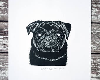 Black Pug Print A4 Lino Print Art Hand Printed Lino Print Pug Gift Dog Gift /// Cute Pug