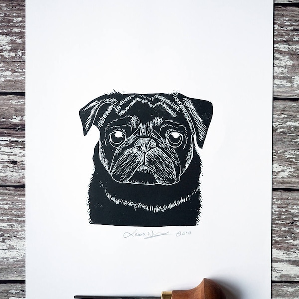 Black Pug Print A4 Lino Print Art Hand Printed Lino Print Pug Gift Dog Gift /// Cute Pug