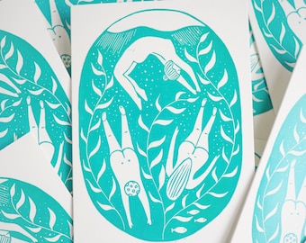 Set di cartoline stampate in linoleum con scena subacquea e nuoto selvaggio