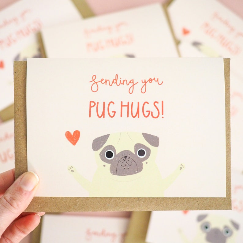 Pug Hug Card, Pug Lover Card, Pug Greetings Card, Pug Hugs Card, Pug Love Card, Pug Gift image 1