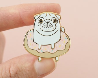 Pug Pin, Pug Gift, White Pug Pin, Dog Doughnut Pin, Pool Party Pin, Donut Pin, Dog Pin, Pug Gifts, Pug Badge, Enamel Lapel Pin, Cute Pug