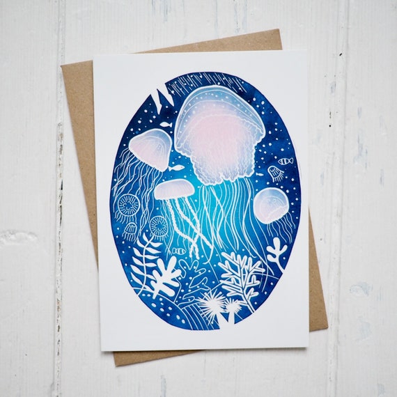 Jellyfish Lino Print Card: Ocean Greetings Card