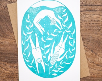 Wild Swimming Cards, Set of 2 Cards, Swimming Card, Lino Print Card, Skinny Dip Card, Sea Lover Card, Nature Lover Card