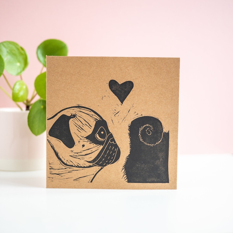 Pug Card Valentines Card Valentines Day Gift Funny Valentines Card Lino Print Wedding Card Hand Printed Card Pug Gift Dog Gift Wedding Gift image 1