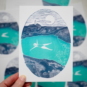 Cornish Sea Pool Karte, Wilde Schwimmen Karte, Schwimmkarte, Vollmond Karte, Linoldruck Karte, Meeresliebhaber Karte, Naturliebhaber Karte, Cornwall Karte