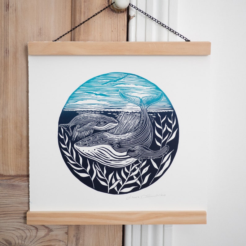 Whale Print Lino Print Nautical Print Humpback Whale Nature Lino Cut Original Art Limited Edition Hand Printed Gift Nautical Decor Seascape image 2