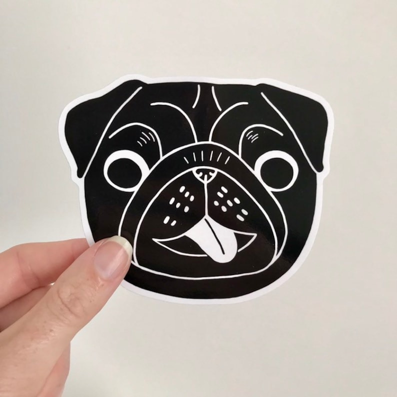 May include: Black and white illustration of a pug's face with its tongue sticking out.