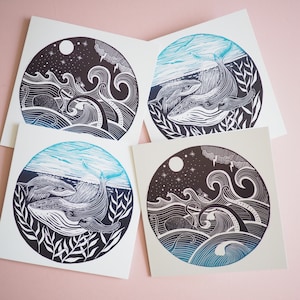 Ocean Print Cards set of 2, Whale Print Card, Nautical Print Card, Octopus Print Card, Lino Print Card, Sea Print Card, Nautical Card