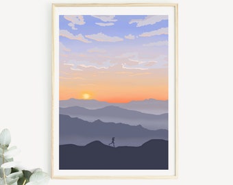Peut inclure: Une illustration encadrée d'une personne courant sur une crête de montagne au coucher du soleil. Le ciel est un dégradé de bleu, de violet et d'orange avec des nuages moelleux. Les montagnes sont superposées et s'estompent dans le lointain.