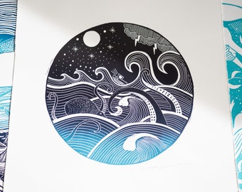 May include: Black and white linocut print of an octopus in a stormy sea with a small boat. The print is circular and has a blue and green gradient.
