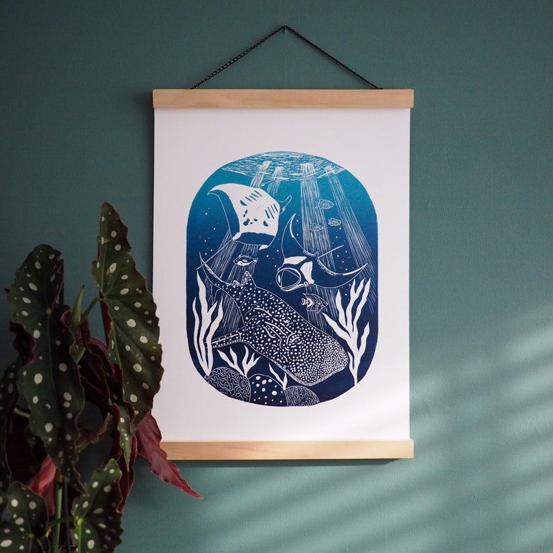 Whale Shark Lino Print, Nautical Manta Ray Art, A3 - Etsy
