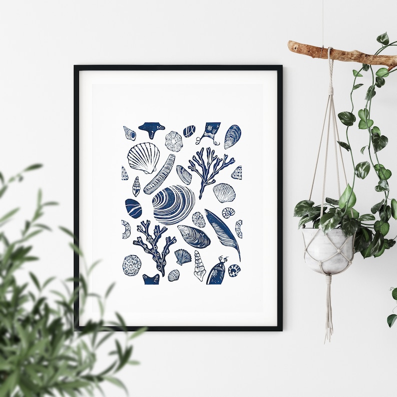 Shell Print, Seaside Lino Print, Lino Print, Beachcomber Print, Original Art, Beach Print, Nautical Print, Devon Print, Seascape Print image 1