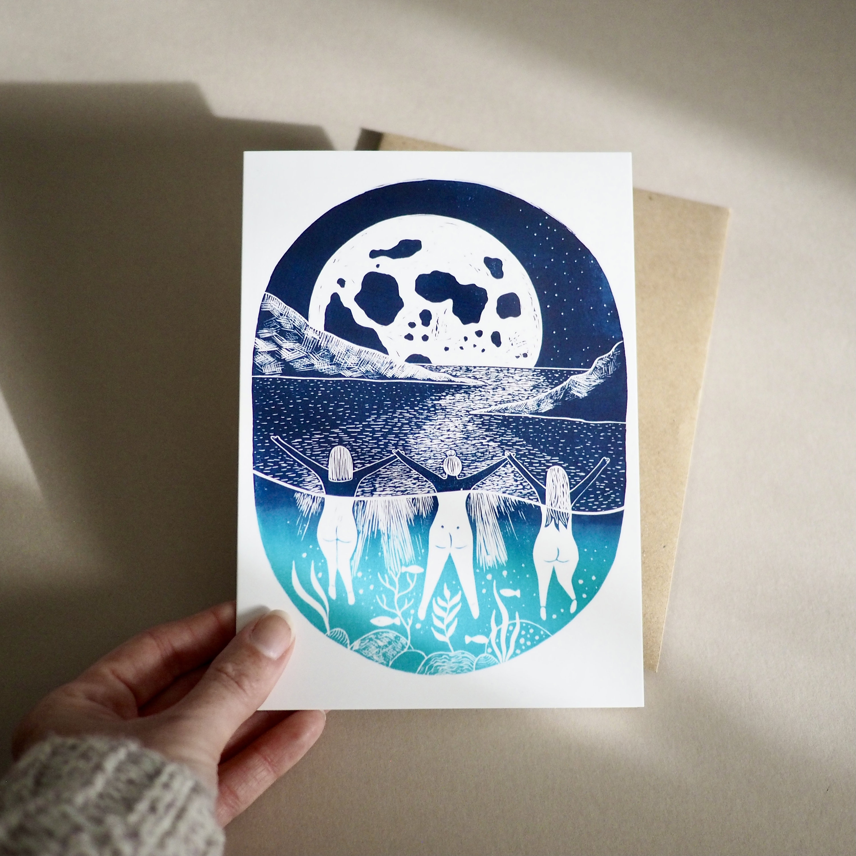 Wild Swimming Lino Print Card: Full Moon Skinny Dip - Etsy