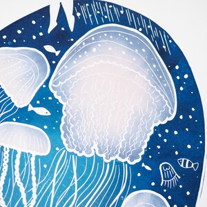 May include: An illustration of jellyfish in a deep blue sea. The jellyfish are white with delicate lines and dots, and the background is a gradient of blue with small white dots. Several small fish are also depicted.
