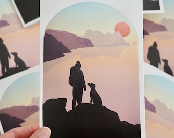 Biglietto d'auguri con tramonto in Cornovaglia: stampa su linoleum Pedn Vounder