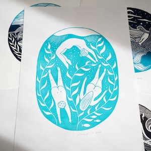 Wild Swimming Print, Lino Print, Wild Swimming Print,  Skinny Dip Print, Sea Print Nautical Print A3 Wall Art Lino Cut Original Art