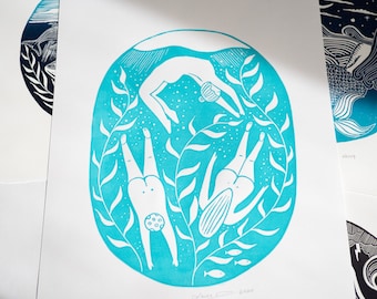 Wild Swimming Print, Lino Print, Wild Swimming Print, Skinny Dip Print, Sea Print Nautical Print A3 Wall Art Lino Cut Original Art