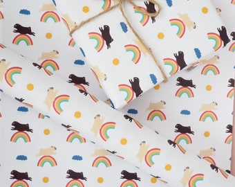 Pug wrapping paper, rainbow wrapping paper, dog wrapping paper, pug gift wrap, black pug, dog gift wrap,  pug gift