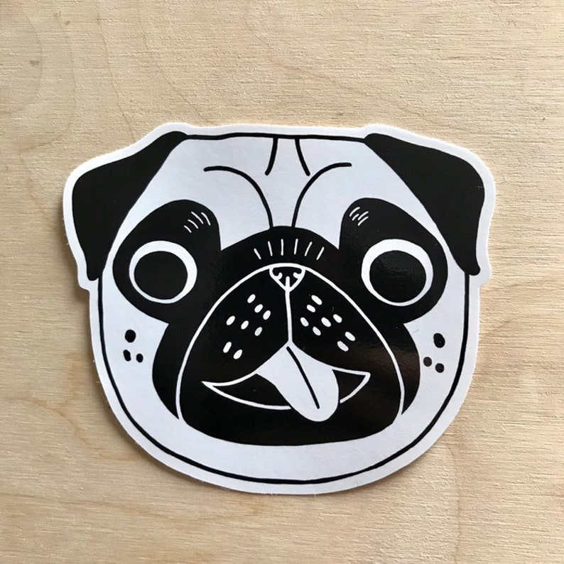 May include: Black and white illustration of a pug dog's face with its tongue sticking out.