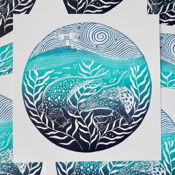 Harbour Seals Lino Print: British Wildlife Art (210x210mm)