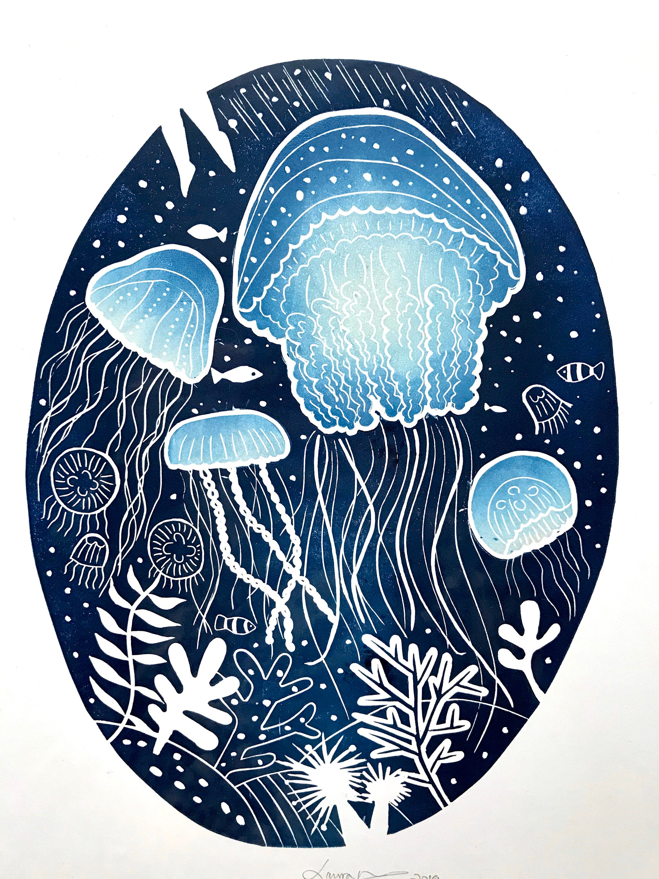 Jellyfish Print Jellyfish Art Lino Print Nautical Print A3 Etsy