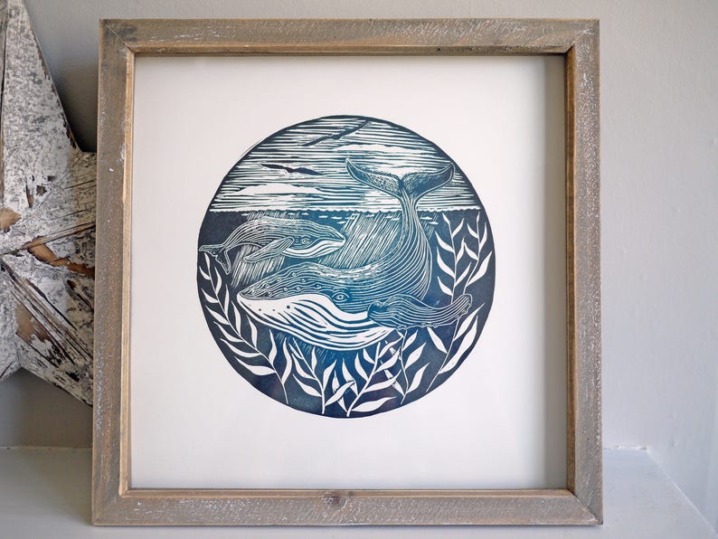 Whale Print Lino Print Nautical Print Humpback Whale Nature Lino Cut Original Art Limited Edition Hand Printed Gift Nautical Decor Seascape image 7