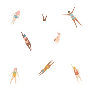 K&ouml;nnte beinhalten: Eine Illustration von sieben Personen in verschiedenen Schwimmposen. Die Personen tragen verschiedene farbige Badeanz&uuml;ge und befinden sich in verschiedenen Positionen, wie z. B. Tauchen, Schwimmen auf dem R&uuml;cken und Treiben. Der Hintergrund ist wei&szlig;.