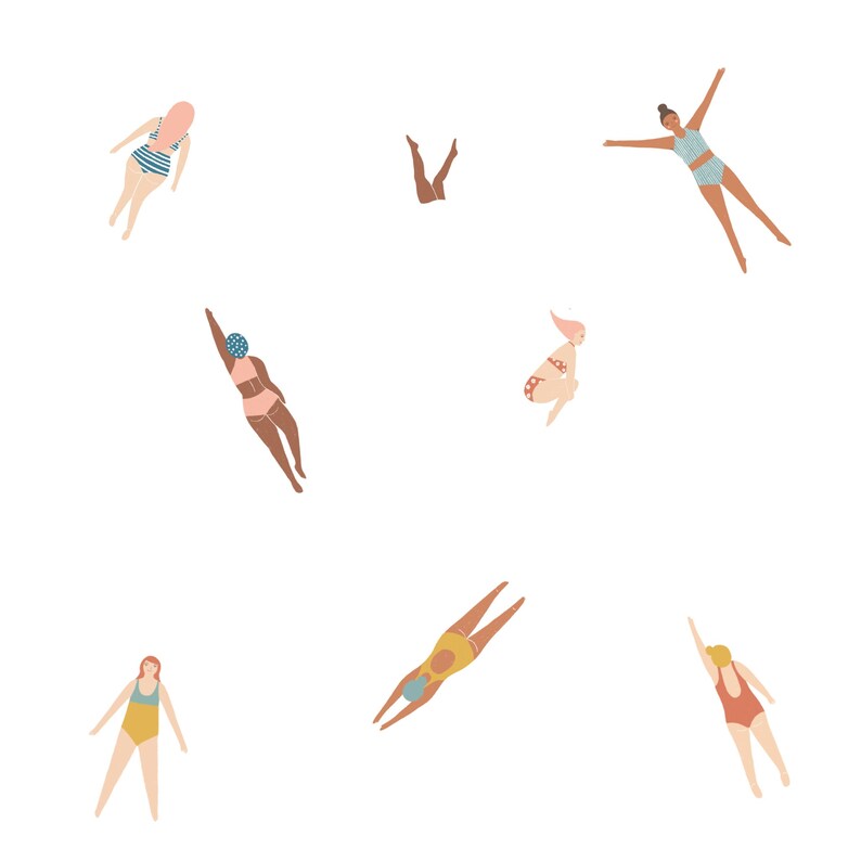 K&ouml;nnte beinhalten: Eine Illustration von sieben Personen in verschiedenen Schwimmposen. Die Personen tragen verschiedene farbige Badeanz&uuml;ge und befinden sich in verschiedenen Positionen, wie z. B. Tauchen, Schwimmen auf dem R&uuml;cken und Treiben. Der Hintergrund ist wei&szlig;.