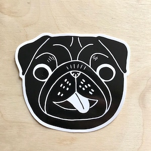 May include: Black and white illustration of a pug dog's face with its tongue sticking out.