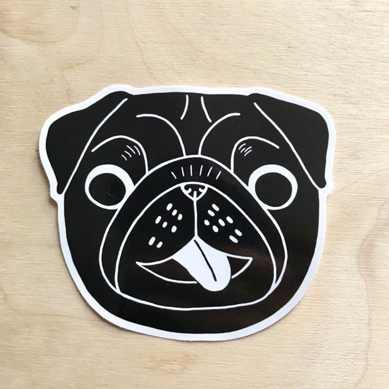 May include: Black and white illustration of a pug dog's face with its tongue sticking out.