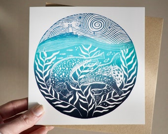 Seal Print Card, Nautical Print Card, Lino Print Card, Sea Print Card, Nautical Card, British Wildlife Card, Seascape Card, Ocean Lover