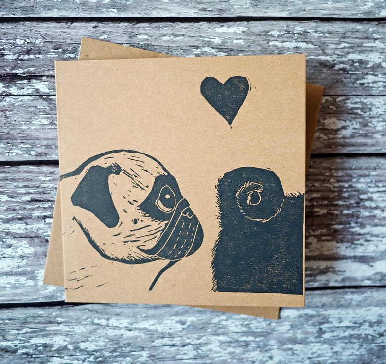 Pug Card Valentines Card Valentines Day Gift Funny Valentines Card Lino Print Wedding Card Hand Printed Card Pug Gift Dog Gift Wedding Gift image 5
