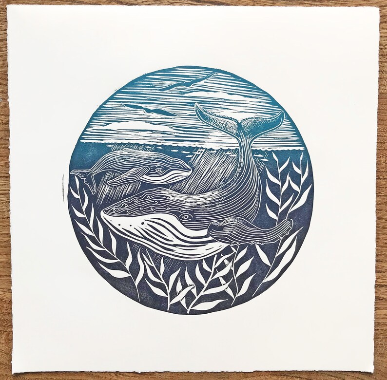 Whale Print Lino Print Nautical Print Humpback Whale Nature Lino Cut Original Art Limited Edition Hand Printed Gift Nautical Decor Seascape image 10