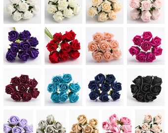 Bunch of 8 - 3cm Colourfast Foam Artificial Roses Wedding Flowers Bouquet  White Ivory Cream Pink Red Burgundy Purple Turquiose Navy Vintage