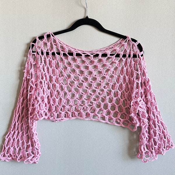 Mesh crochet crop top pattern Wide sleeves cropped top One size photo written tutorial Fishnet festival crochet top pattern Easy to follow