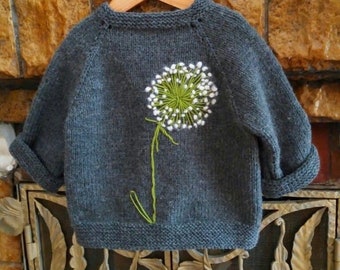 Baby hand embroidered dandelion sweater Knitted baby girl pullover all sizes Cute baby clothing handmade photo prop Unique baby shower gift