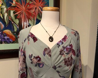 Vintage Carole Little Rayon Dress - Size 6 - Pale Green with Lavender Roses, Tulips and Morning Glories
