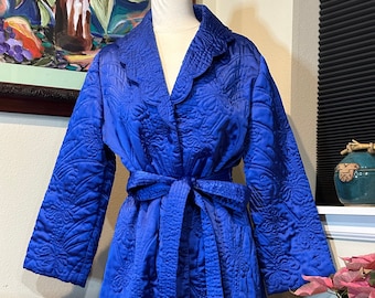 1970s Royal Blue Iris Quilted Housecoat, Robe or Evening Coat made for Nordstrom in Hong Kong - NOS sz Med