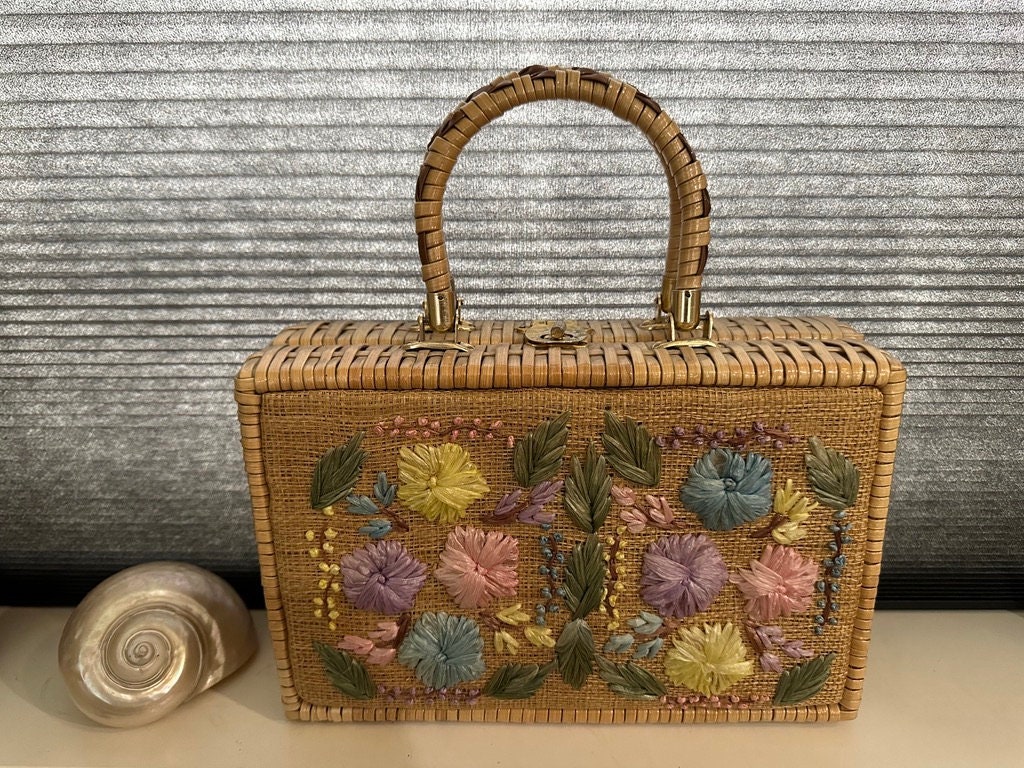 【送料無料・60'S Vintage】HAND WOVEN FABRIC BAG Vintage Fabric Bag With Short Top Handles, Long Shoulder