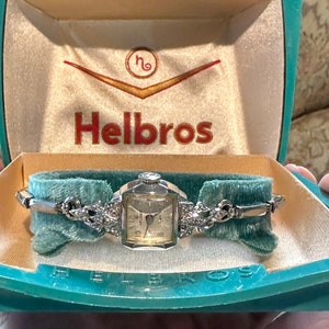 Elegant Working Vintage 50s Helbros Cocktail Wristwatch White Gold w/ Diamonds