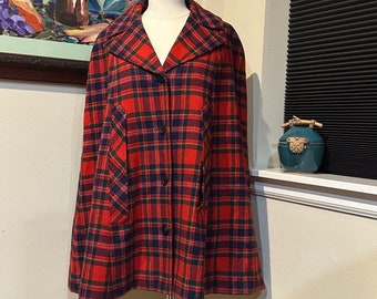 Red Plaid Pendleton Wool Cape 1970s w/ Midnight Blue Satin Lining NOS