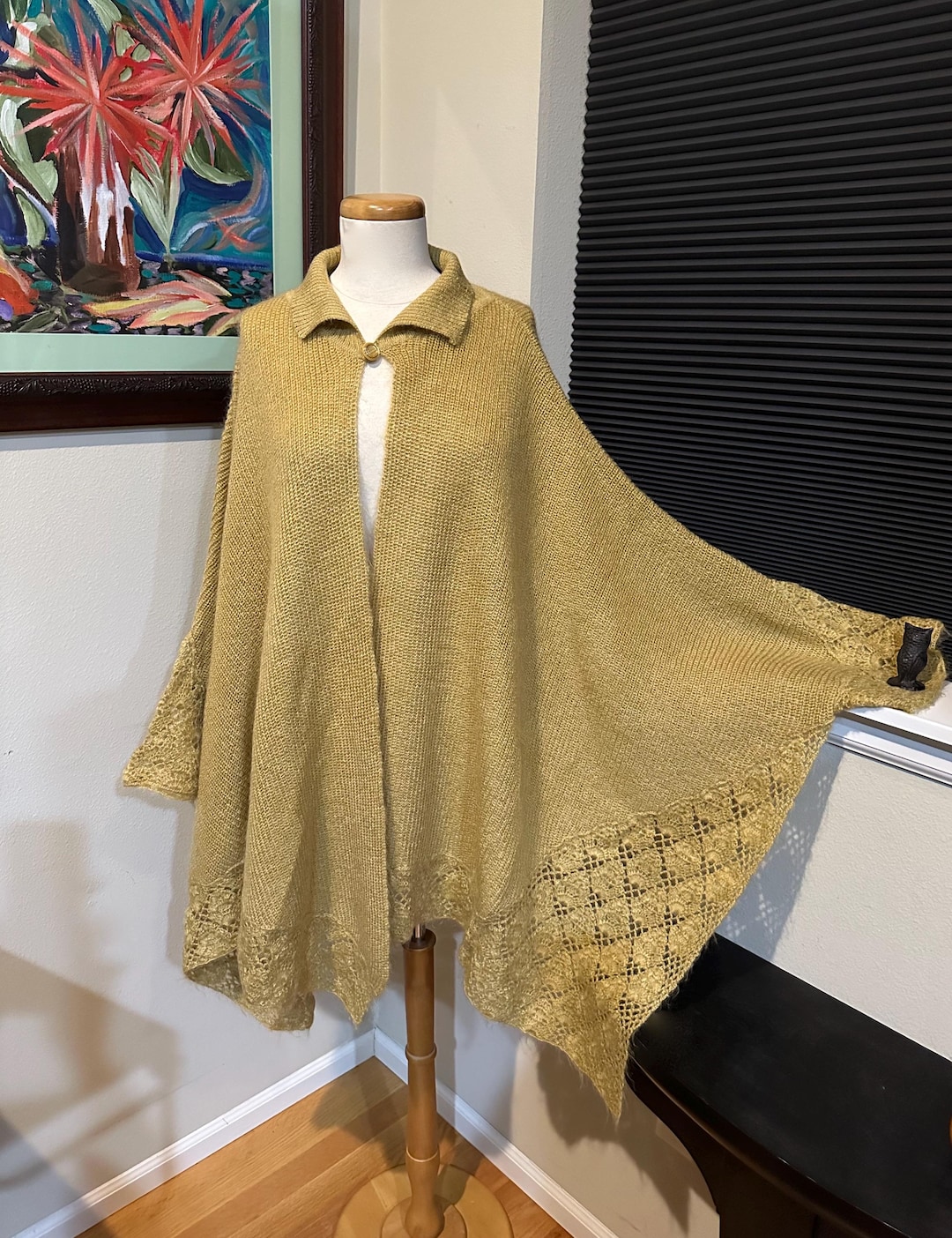 Honey Colored Gold Knit Sweater Cape Poncho Shawl Wrap / One Size