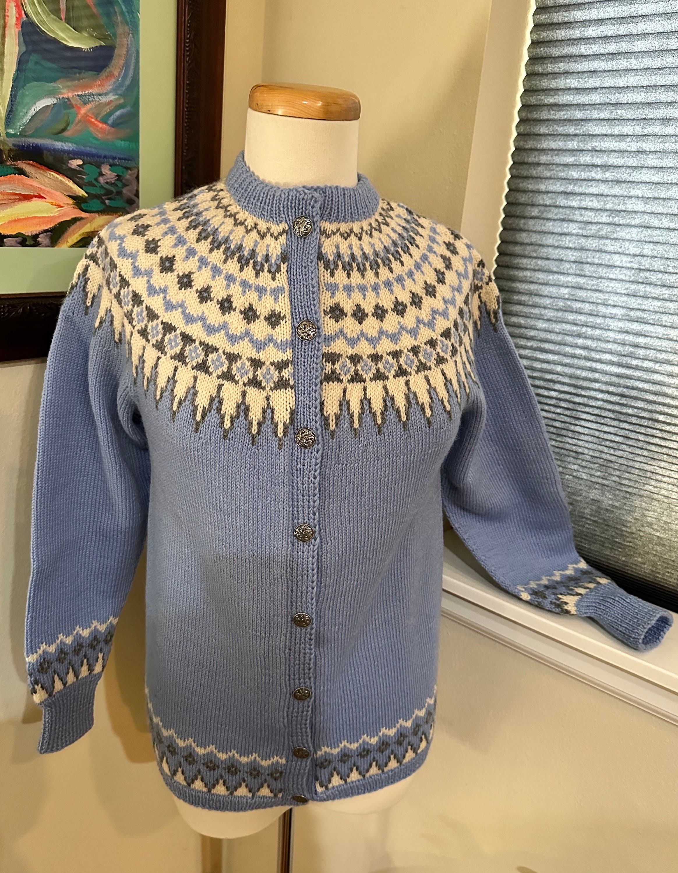 Light Blue Classic Norwegian Hand Knit Cardigan W/ Pewter